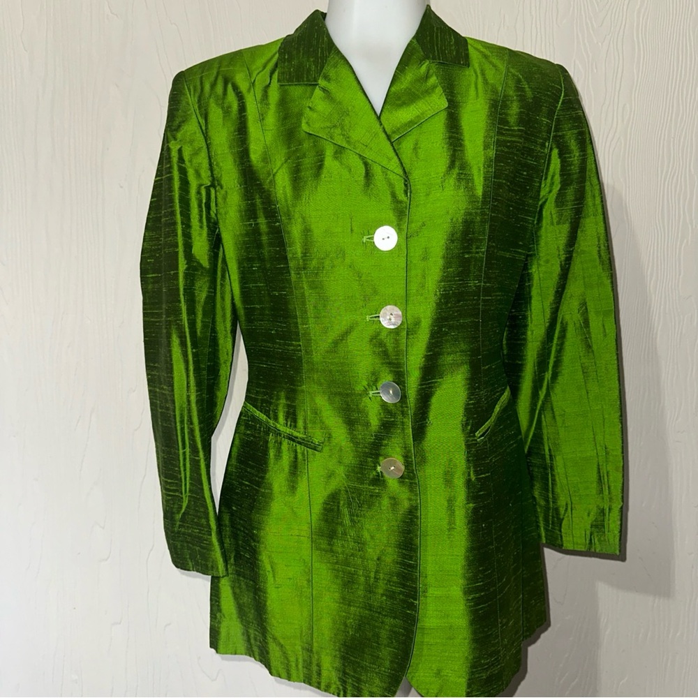Vintage A.R.B. Designs Emerald Green Blazer Shimmer 100% Silk Jacket Size 6